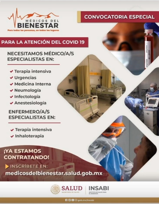 Convocatoria especial de la Secretaría de Salud de México para enfermeros y enfermeras así como médicos especialistas