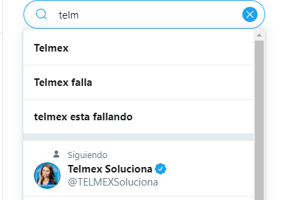 En Twitter, Telmex falla y telmex esta fallando se volvieron populares y son una sugerencia de búsqueda al escribir 'Telm'