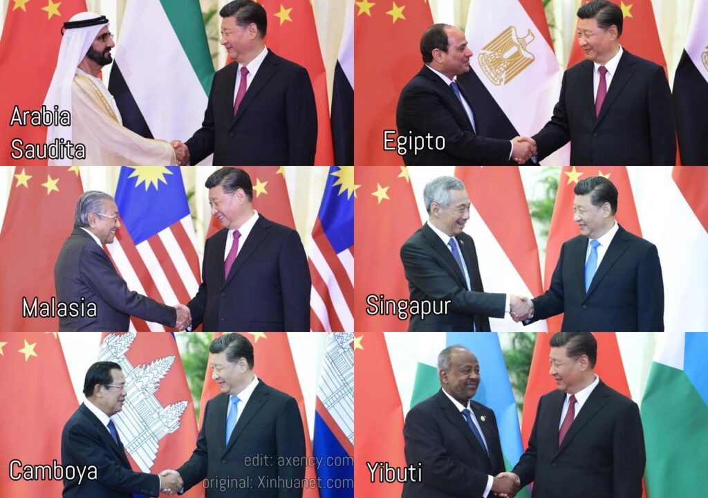 Los 6 de Xi. El presidente Chino, Xi Jinping de imagen firme y solemne, estrecha un saludo fraterno y con la mirada fija a seis mandatarios mundiales, de Arabia Saudita, Egipto, Malasia, Singapur, Camboya y Yibuti.