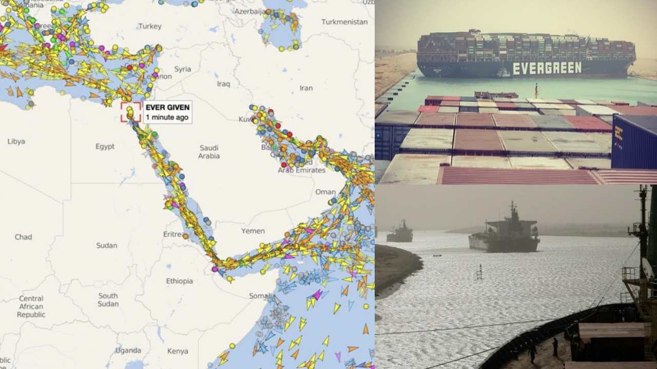 buque transportador portacontenedores comercial bloquea al canal de suez marzo 2021