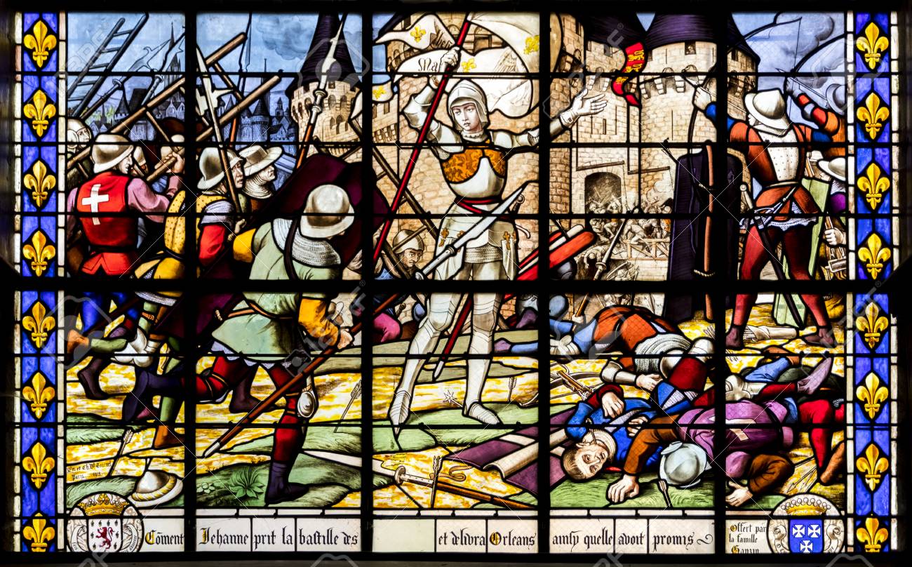 114718740 fougeres france stained glass window representing joan of arc after the siege of orleans eglise sain 1